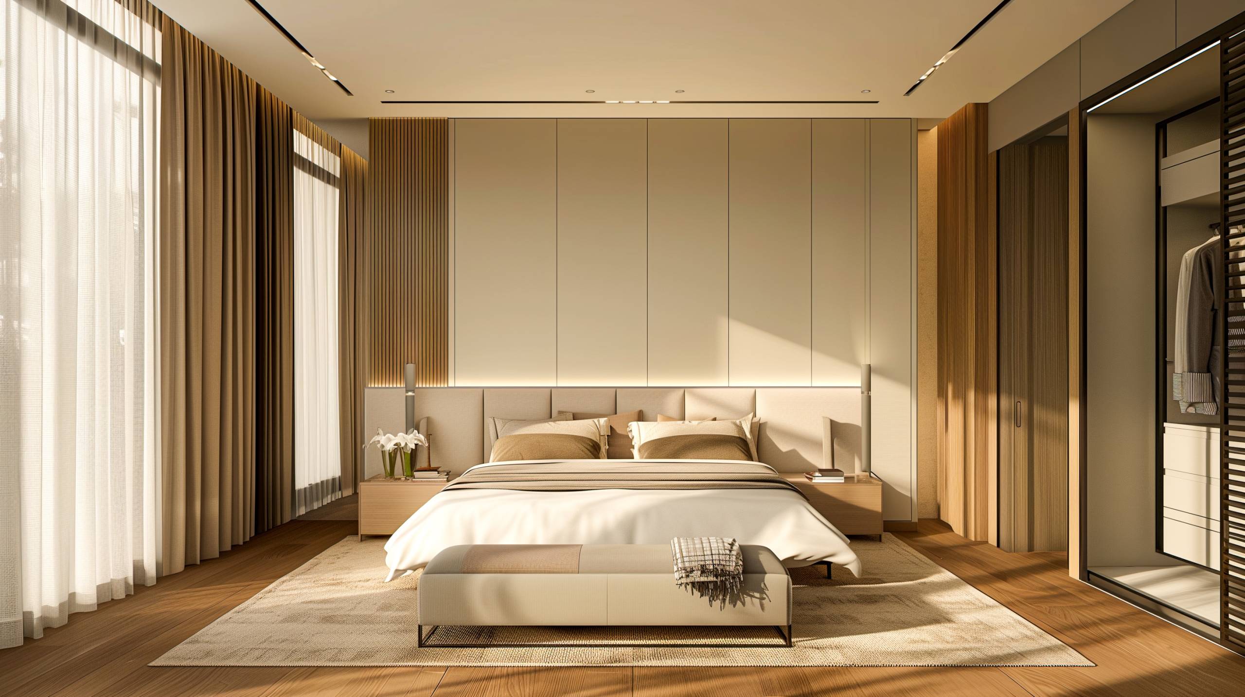 Modern Bedroom Retreat with Warm Lighting & Sculptural Elegance
